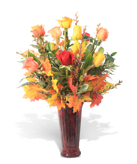 dozen roses in the color of, and accented with, fall leaves