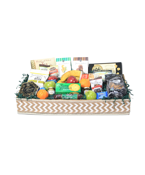 fruit basket with gourmet snacks included