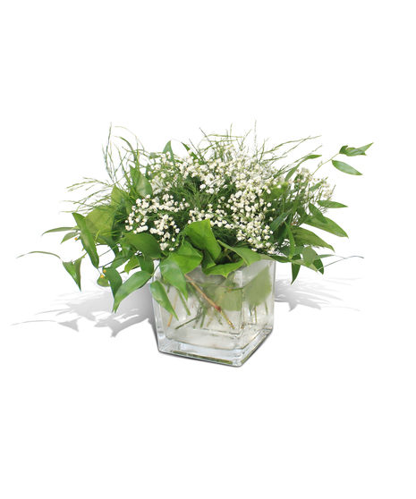 beautiful green centerpiece with accents of small white flowers