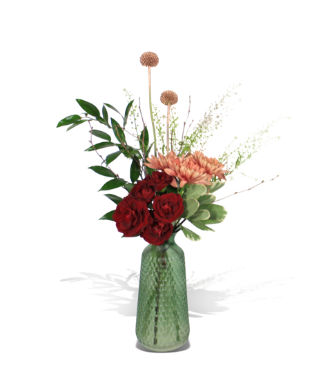 green honeycomb bud vase with roses, craspedia, and peach chrysanthemums