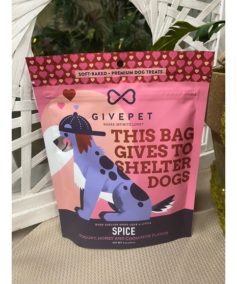 close up of givepet dog treats bag