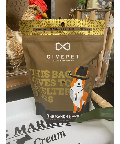 close up of givepet dog treats bag