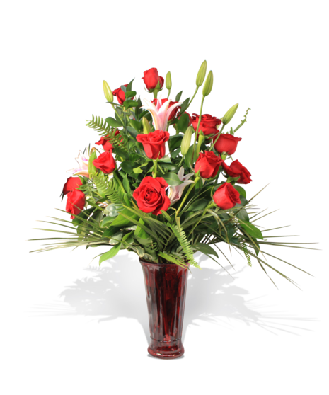 Cupids Kiss - Dozen Red Roses with Stargazer Lilies