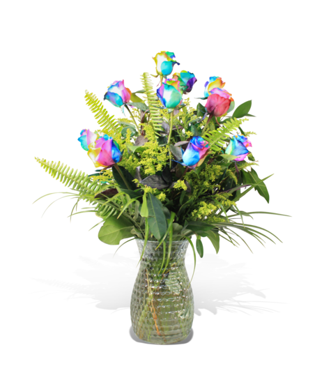 rainbow roses in large floral arrangement