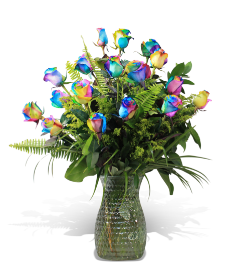 rainbow roses in large floral arrangement