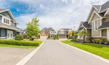 Residential street featuring well-maintained houses with manicured lawns, trees, and bushes on a sunny day.